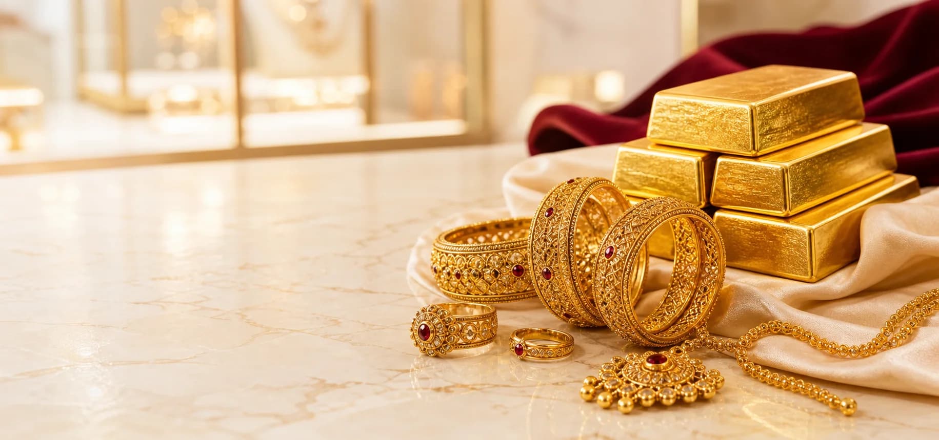 Gold bangles, rings and a necklace beside stacked gold bars on marble
