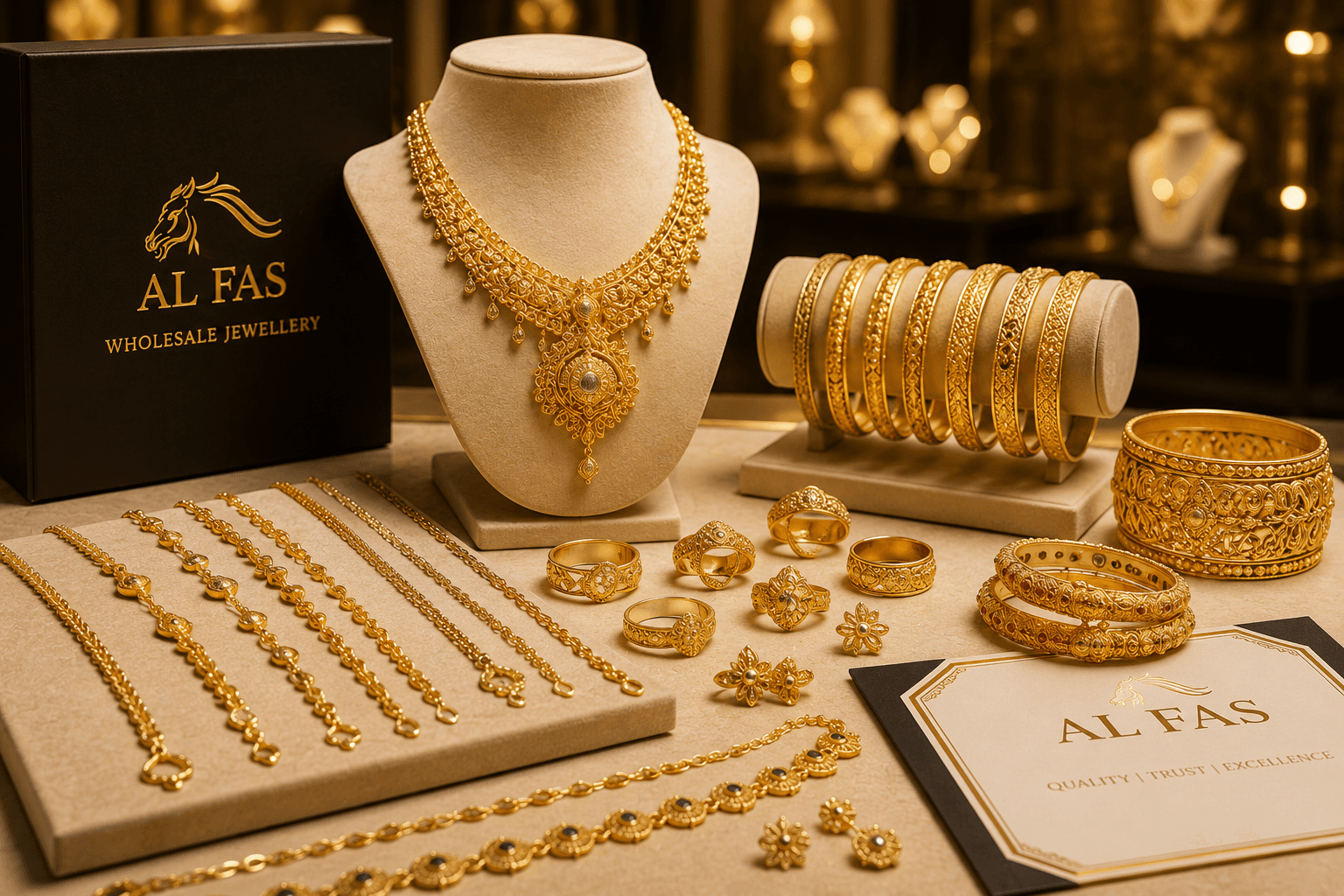 AL FAS branded wholesale jewellery box beside gold necklaces, bangles, rings and chains
